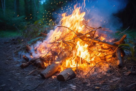 popping campfire with a glowing trail of smoke, created with generative aiの素材
