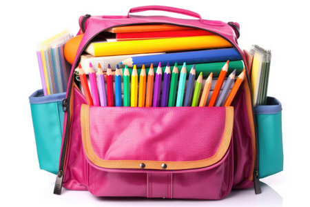 a school bag filled with notebooks and pens, created with generative aiの素材