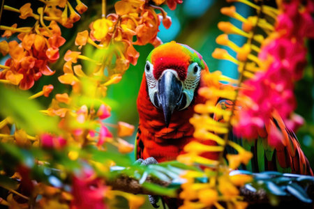 neon-colored parrot blending in with jungle flowers, created with generative aiの素材