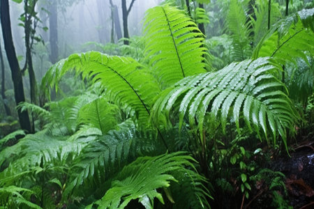 close-up of dew-drenched ferns in dense jungle, created with generative aiの素材