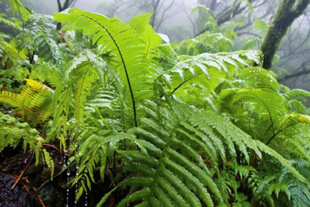 close-up of dew-drenched ferns in dense jungle, created with generative aiの素材