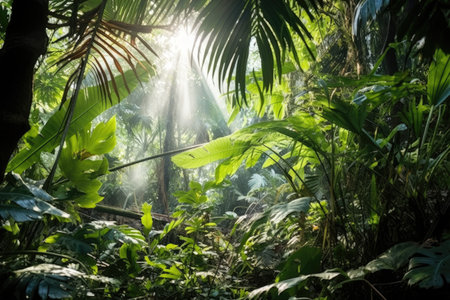 wide shot of sunlight piercing through jungle foliage, created with generative aiの素材