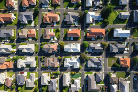 rows of identical houses from an overhead view, created with generative aiの素材