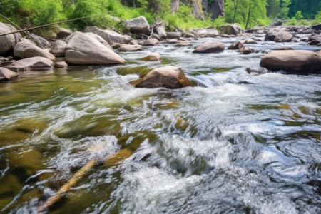 mountain river rapids with fishing rod leaning on rocks, created with generative aiの素材