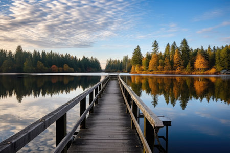 fishing pier extending into a sprawling, quiet lake, created with generative aiの素材