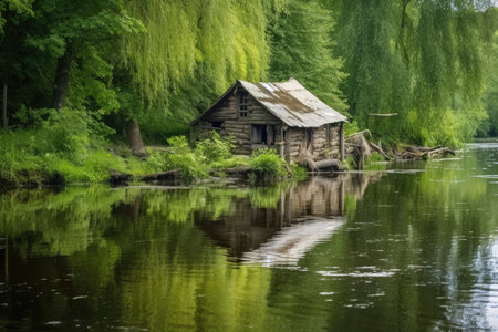 rustic fishing hut by a secluded river, created with generative aiの素材