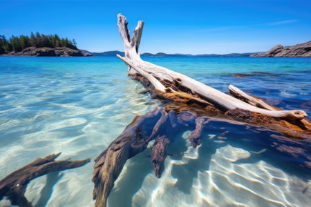 driftwood snag serving as a fishing spot in the ocean, created with generative aiの素材