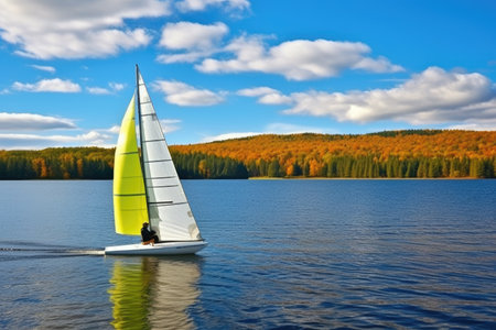 wind-powered watercraft sailing on a lake, created with generative aiの素材