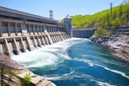 a hydroelectric dam viewed from downstream, created with generative aiの素材