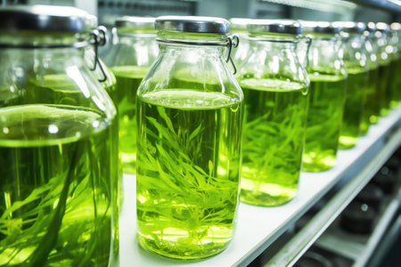 green algae in lab flasks for biofuel production, created with generative aiの素材