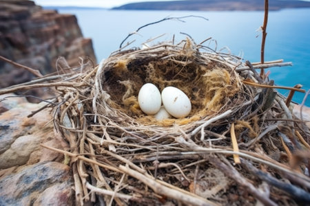 seagull nest on a sea cliff with eggs inside, created with generative aiの素材
