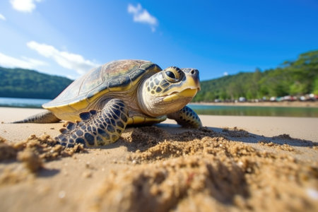 close-up of a tagged turtle on a sandy beach, created with generative aiの素材