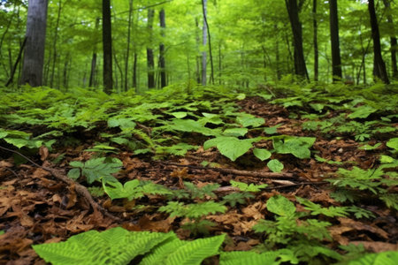 humid, leaf-covered forest floor, an ideal snake habitat, created with generative aiの素材