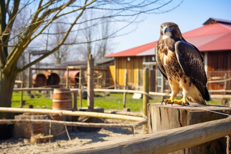 raptor rehabilitation center, with a hawk perched on a wooden platform, created with generative aiの素材