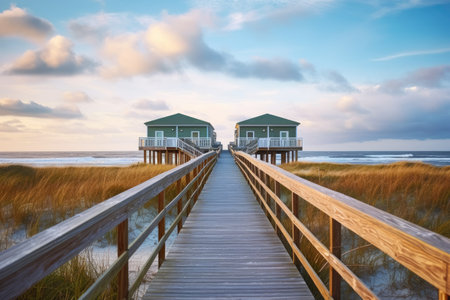 beach house on stilts with boardwalk leading to ocean, created with generative aiの素材