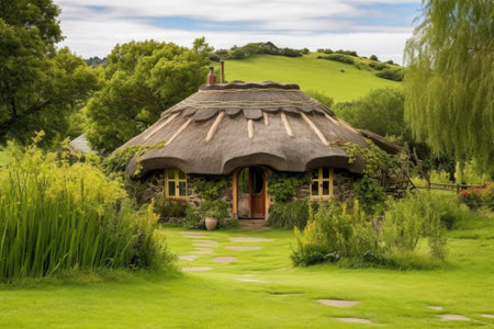 circular, hobbit-style house with grass-covered roof, created with generative aiの素材