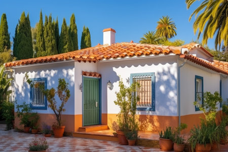 mediterranean style home with stucco walls and terracotta roof, created with generative aiの素材