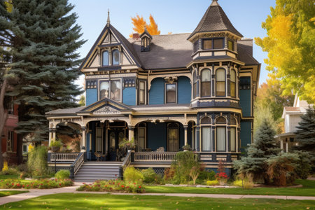victorian-era styled house with ornate wooden trims, created with generative aiの素材