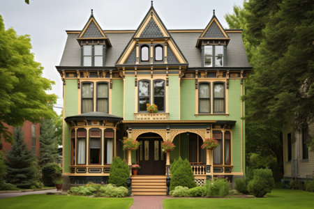 victorian-era styled house with ornate wooden trims, created with generative aiの素材