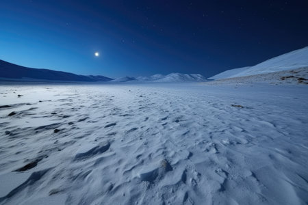 an untouched snowfield illuminated by moonlight, created with generative aiの素材