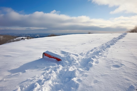 a toboggan left in a snowdrift beside a sledding hill, created with generative aiの素材