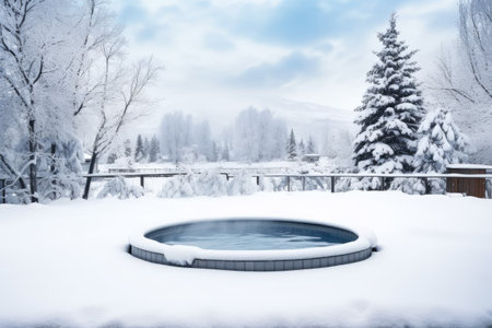 an ice-cold outdoor hot tub in a snow-covered resort, created with generative aiの素材