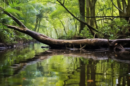 tree trunks half submerged in the marshy area of a jungle river, created with generative aiの素材