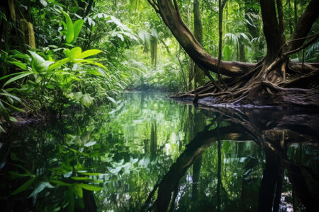 dark green jungle foliage reflecting in the river water, created with generative aiの素材
