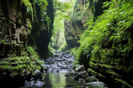 rapid jungle river flowing through a deep forested canyon, created with generative aiの素材