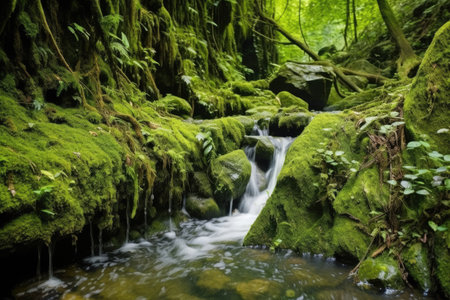 jungle river stream cascading from a moss-covered cliff, created with generative aiの素材