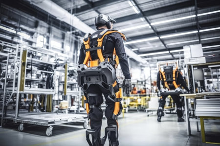 advanced exoskeleton stationed in a factory, created with generative aiの素材