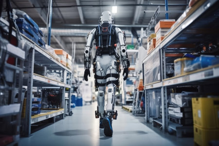 advanced exoskeleton stationed in a factory, created with generative aiの素材