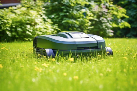 robotic lawn mower grass in a garden, created with generative aiの素材