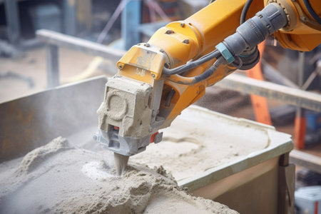 closeup of robot arm pouring cement on a construction site, created with generative aiの素材