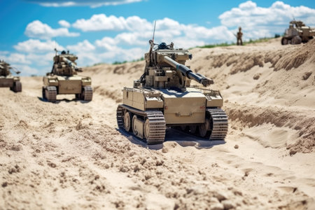 mine-seeking military robots on sandy terrain, created with generative aiの素材