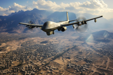 small surveillance drone flying over a war zone, created with generative aiの素材