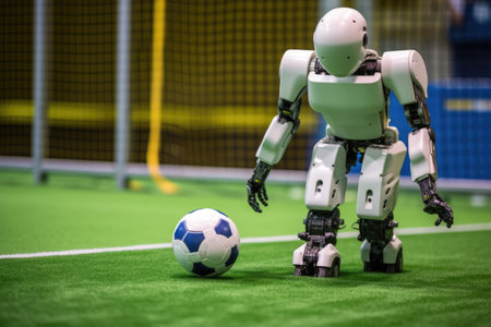 robotic soccer player dribbling a soccer ball, created with generative aiの素材