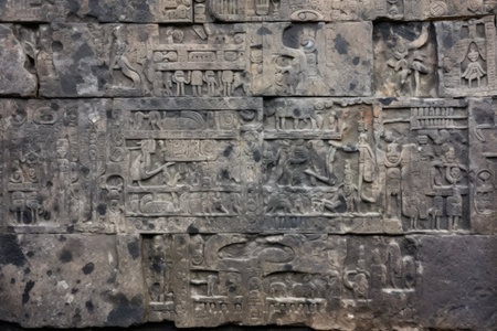 overhead shot of glyphs carved into flat stone surface, created with generative aiの素材