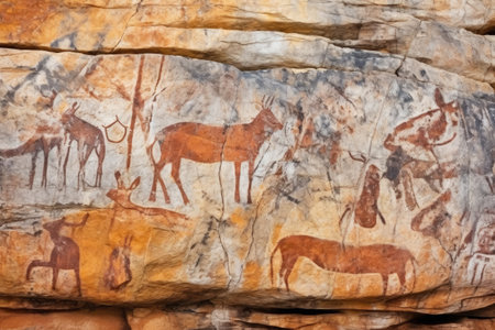 depictions of animals in ancient rock art, created with generative aiの素材