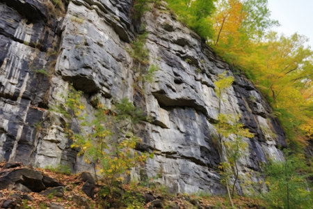 weathered rock face with visible climbing holds, created with generative aiの素材