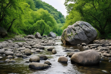 a riverbed with large, climbable boulders, created with generative aiの素材