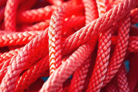 close-up of climbing knots on a vibrant red rope, created with generative aiの素材