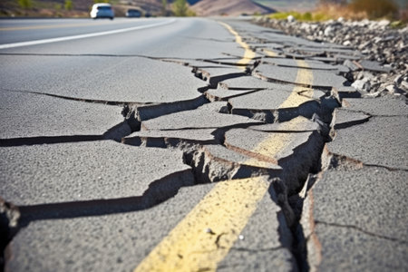 highway pavement buckled and broken from seismic activity, created with generative aiの素材