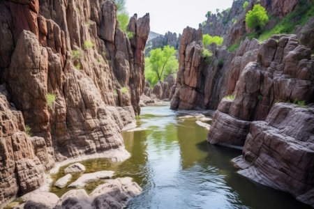 rapid river carving its way through a rocky canyon, created with generative aiの素材