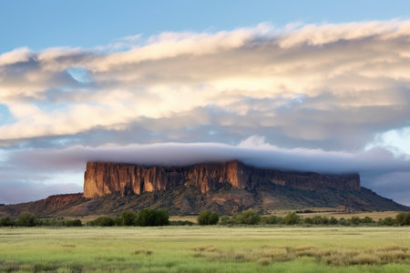 dense cloud cover over flat-topped rock formation, created with generative aiの素材
