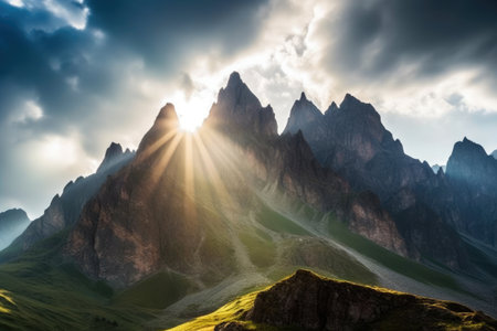 sunlight striking jagged peaks of a mountain, created with generative aiの素材