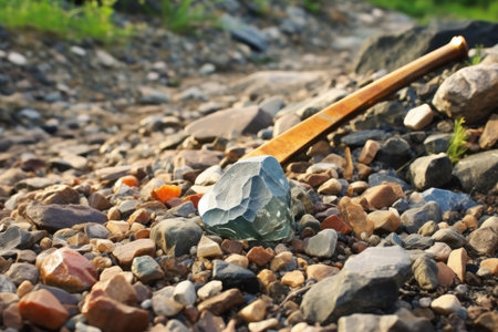 shiny mining pick on a rocky ground, created with generative aiの素材