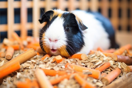 a guinea pig nibbling on carrots inside its cage, created with generative aiの素材