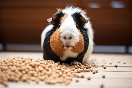 guinea pig eating from a built-in cage feeder filled with pellets, created with generative aiの素材