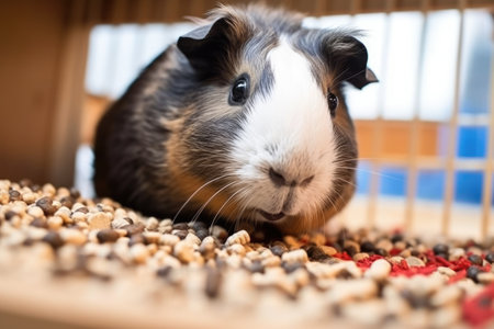 guinea pig eating from a built-in cage feeder filled with pellets, created with generative aiの素材